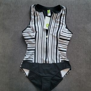 Next Women's Black and White Striped Front Zip One Piece Swimsuit sz Sma…